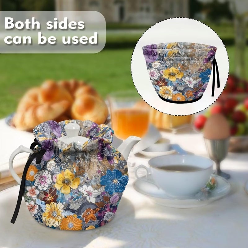 Flashideas Colorful Flowers Tea Cozy Kettle Dust Cover Large Tea Cosy Portable Easy to Clean Tea Pot Dust Cover Insulated Tea Cosy for Home Kitchen Office Holiday Party Decor - Image 4